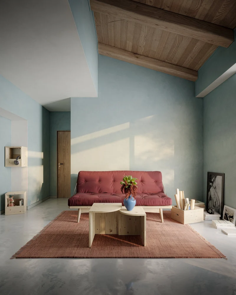 Canapé-lit en pin massif avec accoudoirs et matelas en coton bordeaux 130x190cm Grab - Karup Design