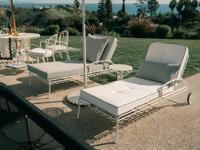 Transat de jardin en métal blanc antique et coussin en tissu rayé bleu marine Lauren The Al Fresco - Business & Pleasure