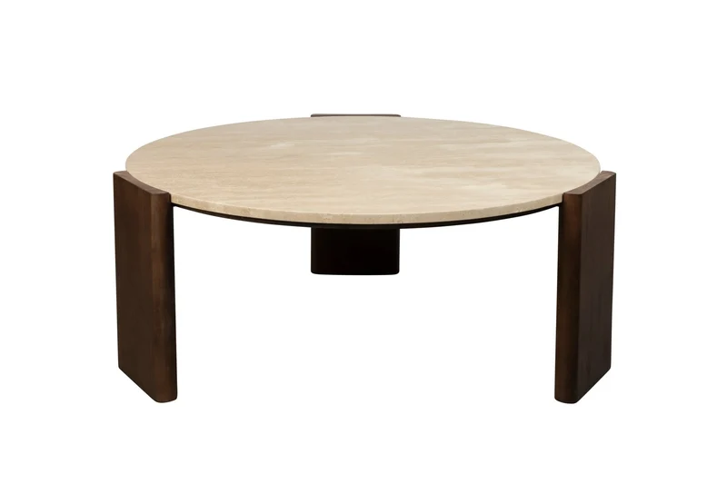 Table basse ronde en travertin et bois d'hévéa 90cm Valcour - Dutchbone