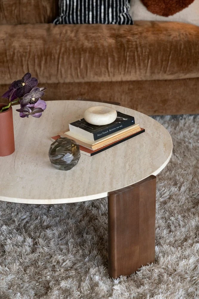 Table basse ronde en travertin et bois d'hévéa 90cm Valcour - Dutchbone