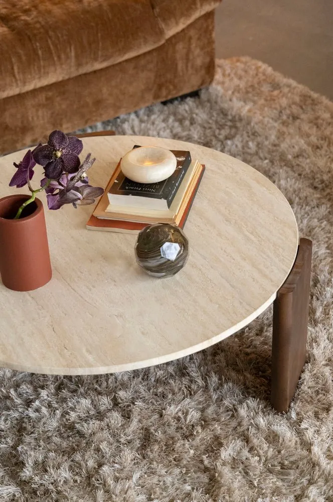 Table basse ronde en travertin et bois d'hévéa 90cm Valcour - Dutchbone