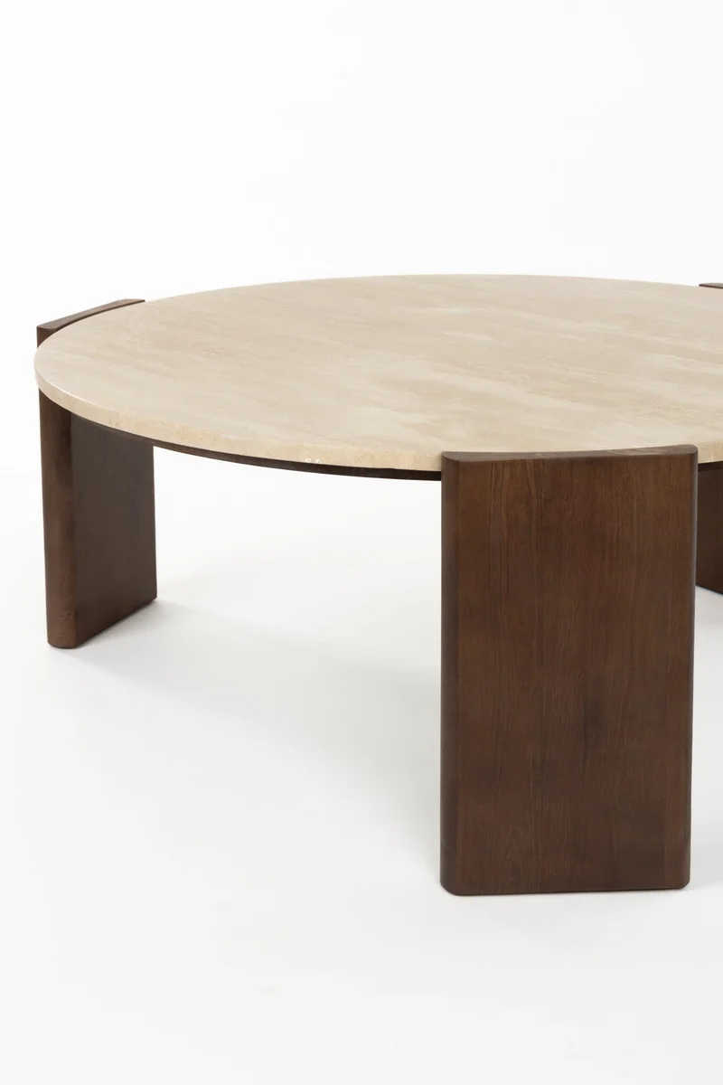 Table basse ronde en travertin et bois d'hévéa 90cm Valcour - Dutchbone