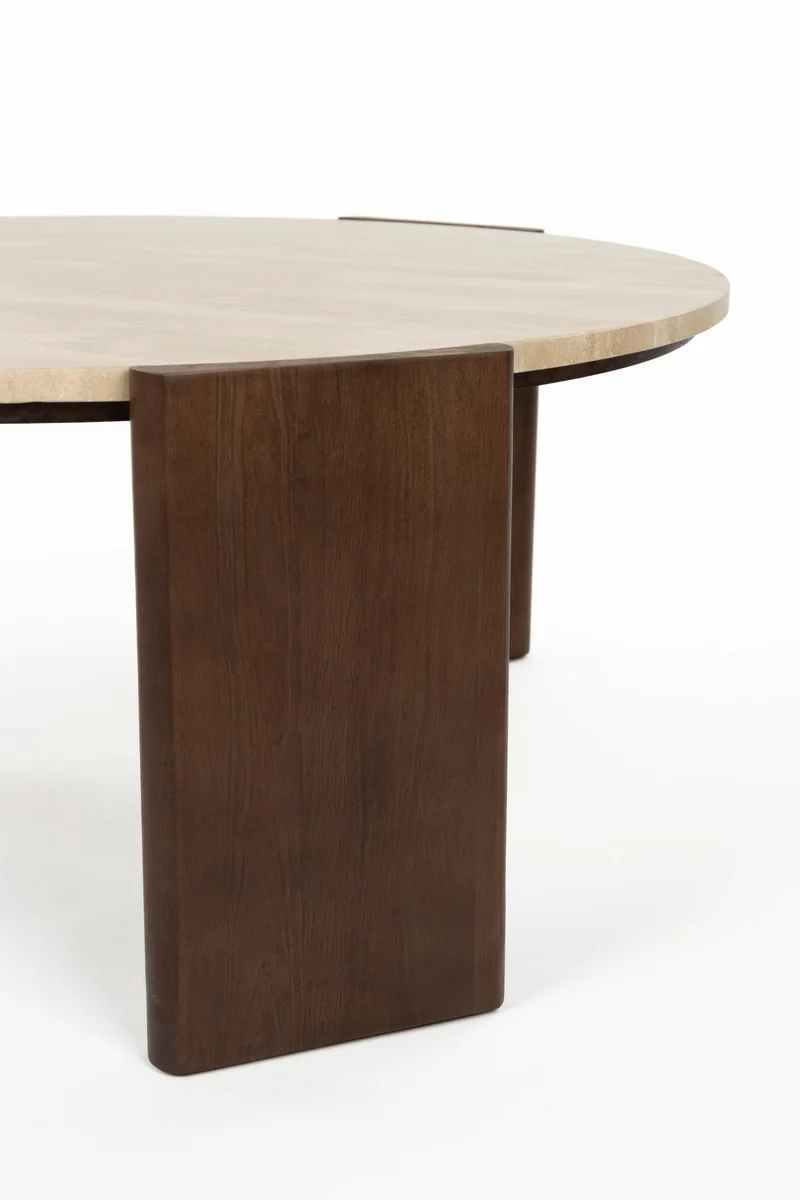 Table basse ronde en travertin et bois d'hévéa 90cm Valcour - Dutchbone