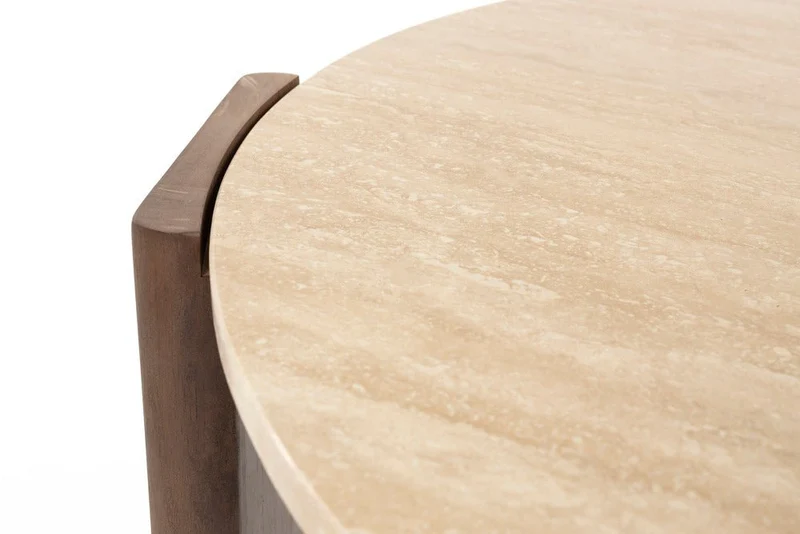 Table basse ronde en travertin et bois d'hévéa 90cm Valcour - Dutchbone