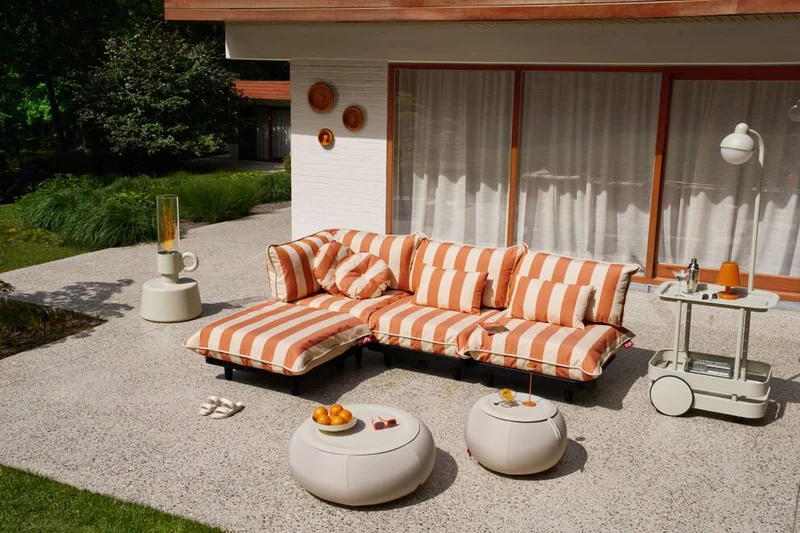Module d’angle gauche de canapé d’extérieur rayé orange Paletti - Fatboy