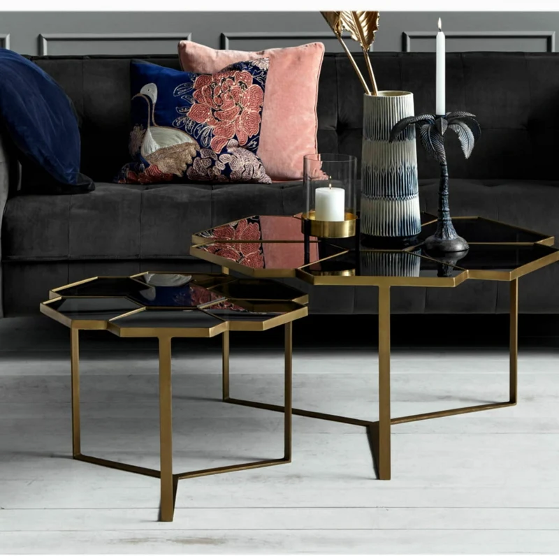 Table basse en acier doré et verre noir 60 cm Flower - Nordal