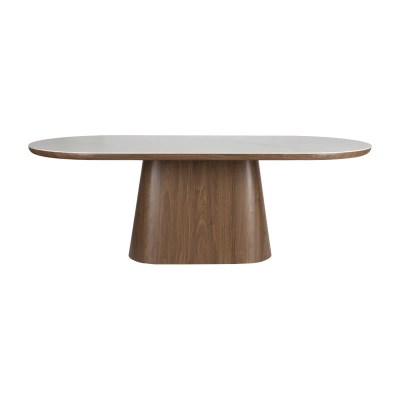 Table à manger ovale en bois de noyer et pierre blanche 180x90cm Octave - The Cool Republic