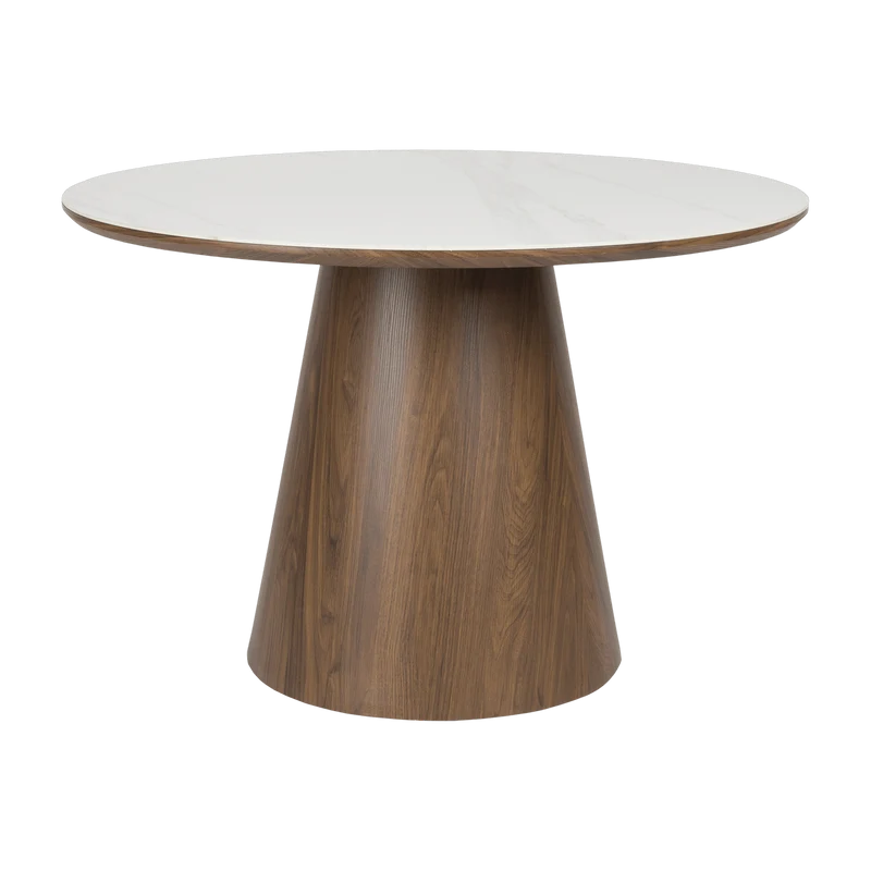 Table à manger ronde en bois de noyer et pierre blanche 115cm Octave - The Cool Republic