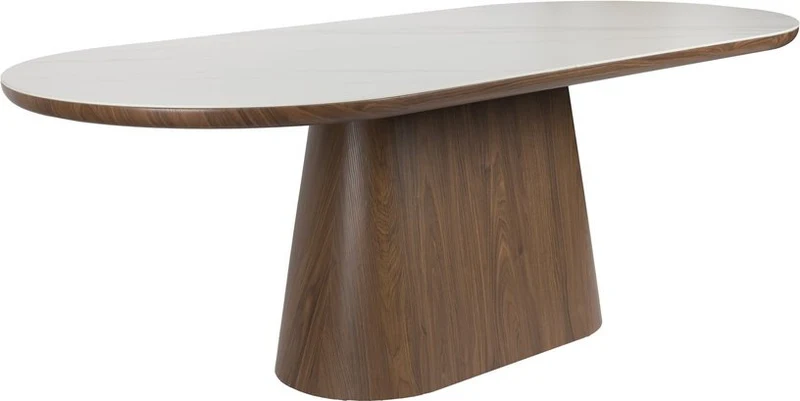 Table à manger ovale en bois de noyer et pierre blanche 200x90cm Octave - The Cool Republic