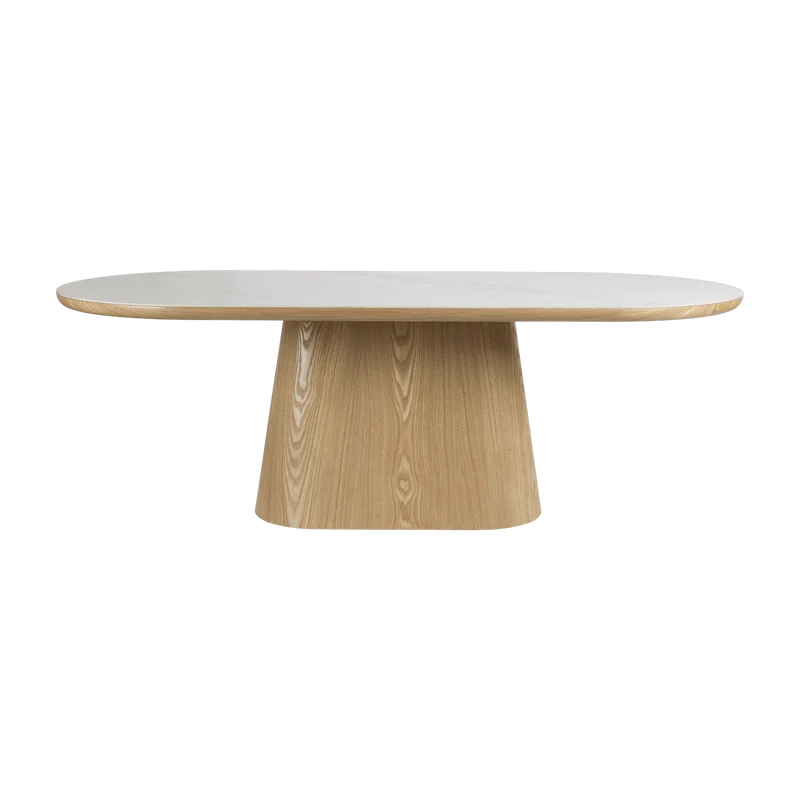 Table à manger ovale en bois de chêne naturel et pierre blanche mate 200x90cm Octave - The Cool Republic