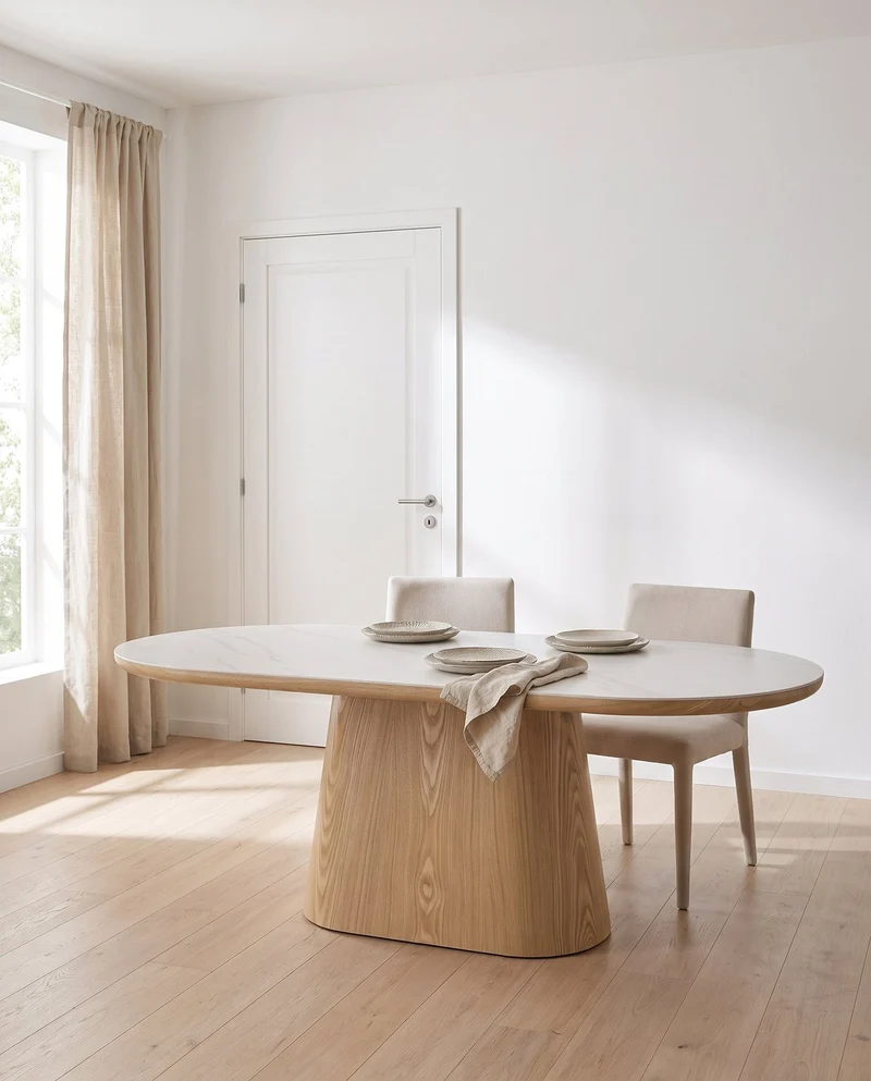Table à manger ovale en bois de chêne naturel et pierre blanche mate 200x90cm Octave - The Cool Republic