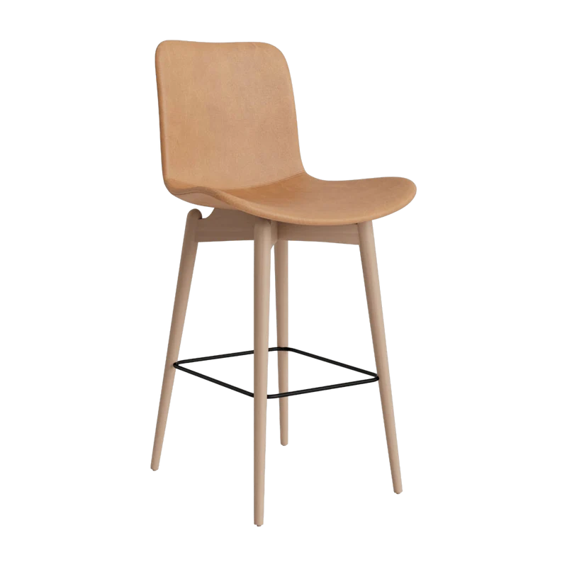 Chaise de bar en hêtre naturel et rembourrage en cuir camel 65 cm Langue - NORR11