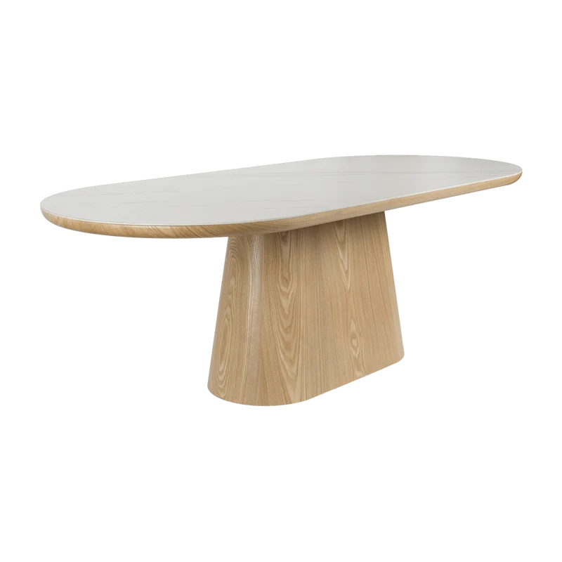 Table à manger ovale en bois de chêne naturel et pierre blanche 180x90cm Octave - The Cool Republic