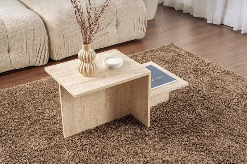 Table basse asymétrique effet travertin 80x40cm Harmony - Home Design