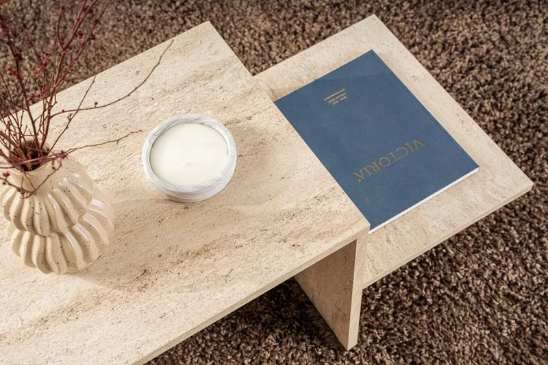 Table basse asymétrique effet travertin 80x40cm Harmony - Home Design