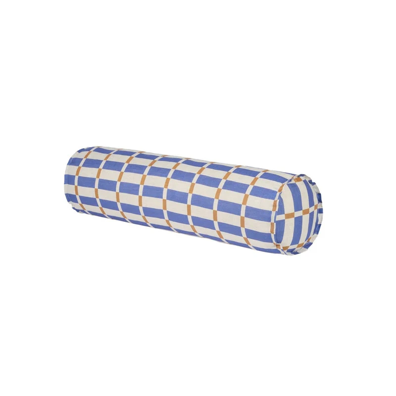 Coussin traversin en lin français à carreaux bleu 70 x 18 x 18 cm Cliff - Nobodinoz