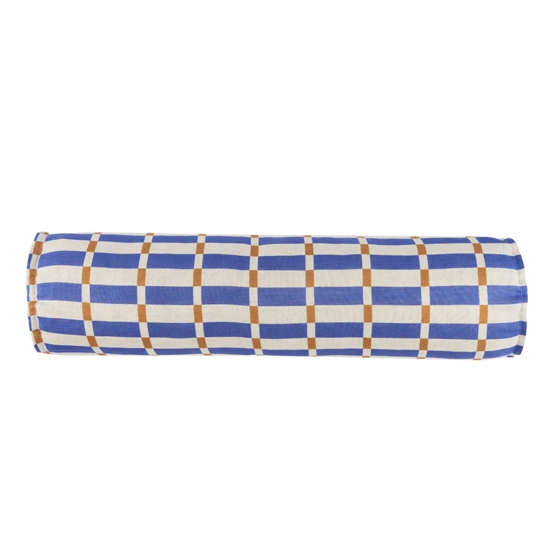 Coussin traversin en lin français à carreaux bleu 70 x 18 x 18 cm Cliff - Nobodinoz