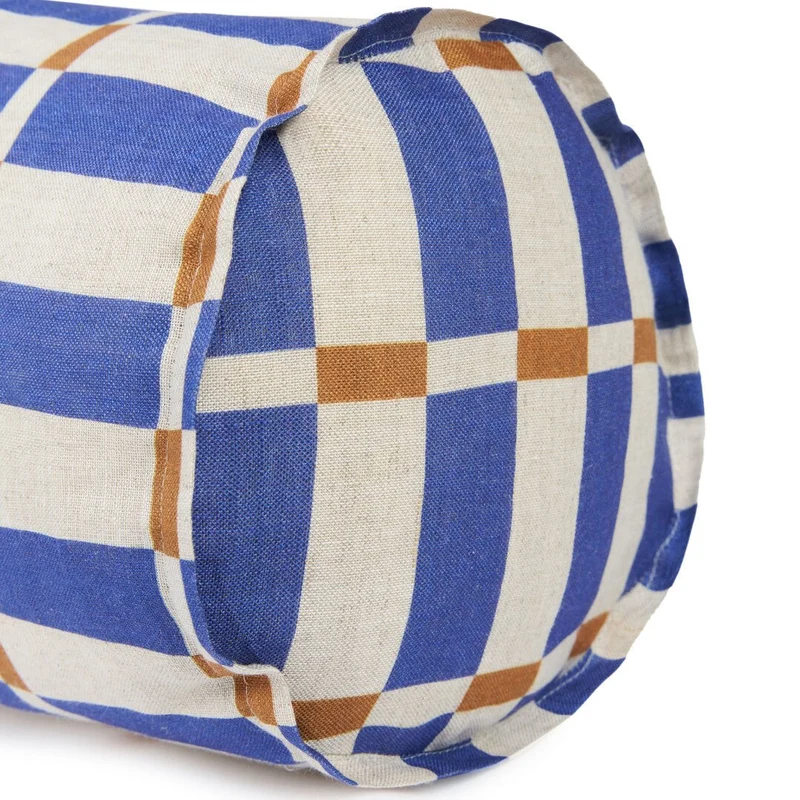 Coussin traversin en lin français à carreaux bleu 70 x 18 x 18 cm Cliff - Nobodinoz