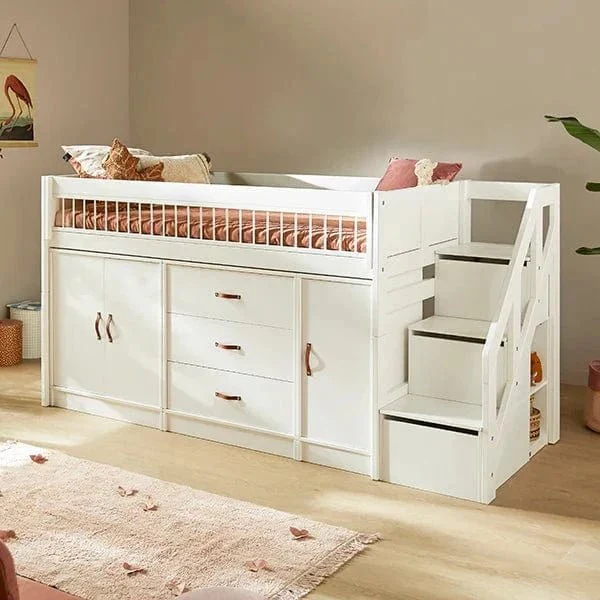 Lifetime Kidsrooms ALL-IN-ONE Hochbett mit Treppe - 128 cm - Original Whitewash