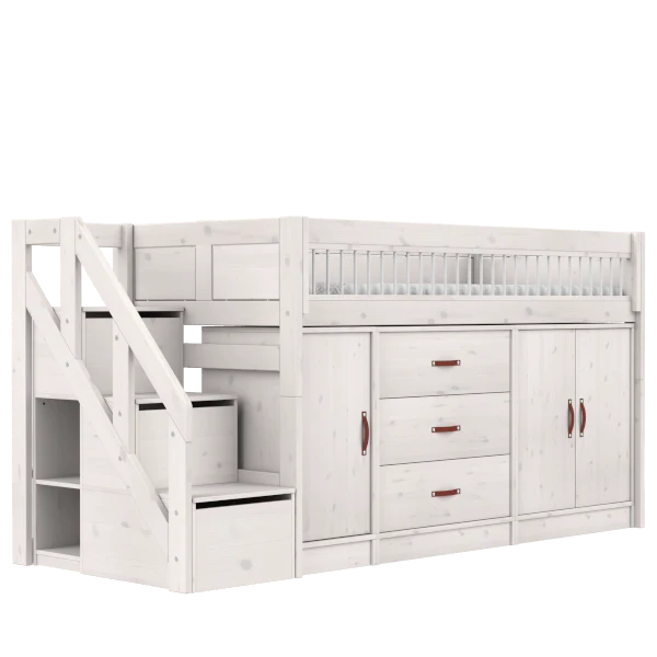 Lifetime Kidsrooms ALL-IN-ONE Hochbett mit Treppe - 128 cm - Original Whitewash