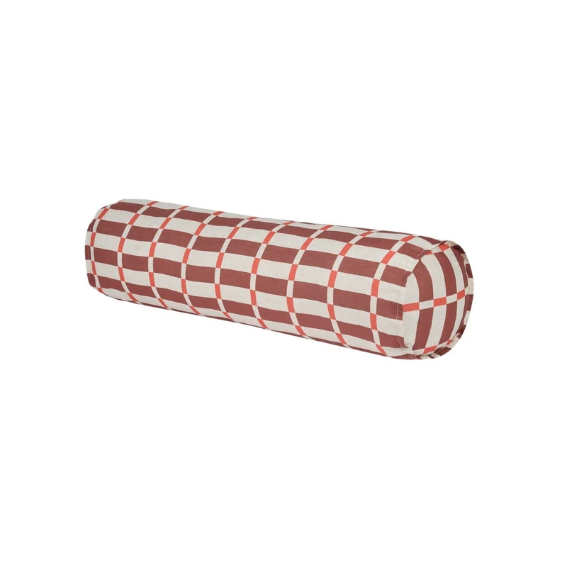 Coussin traversin en lin français à carreaux rouge 70 x 18 x 18 cm Cliff - Nobodinoz