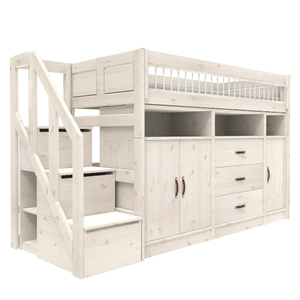Lifetime Kidsrooms ALL-IN-ONE Hochbett mit Treppe - 152 cm - Original Whitewash