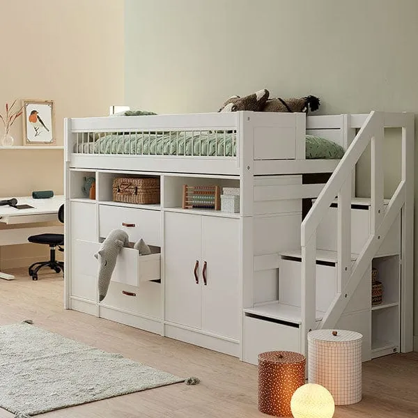 Lifetime Kidsrooms ALL-IN-ONE Hochbett mit Treppe - 152 cm - Original Whitewash