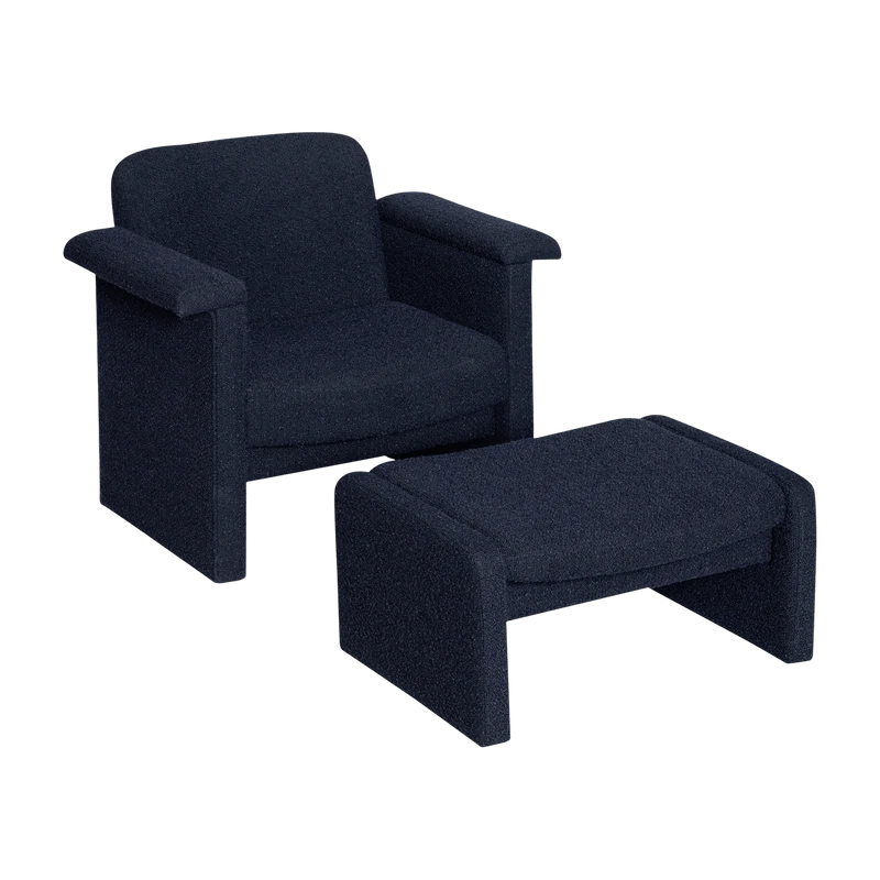 Fauteuil et repose pieds en tissu bouclette bleu foncé Softy - Hübsch