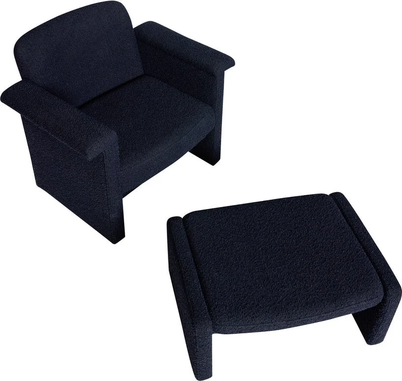 Fauteuil et repose pieds en tissu bouclette bleu foncé Softy - Hübsch