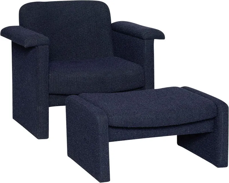 Fauteuil et repose pieds en tissu bouclette bleu foncé Softy - Hübsch