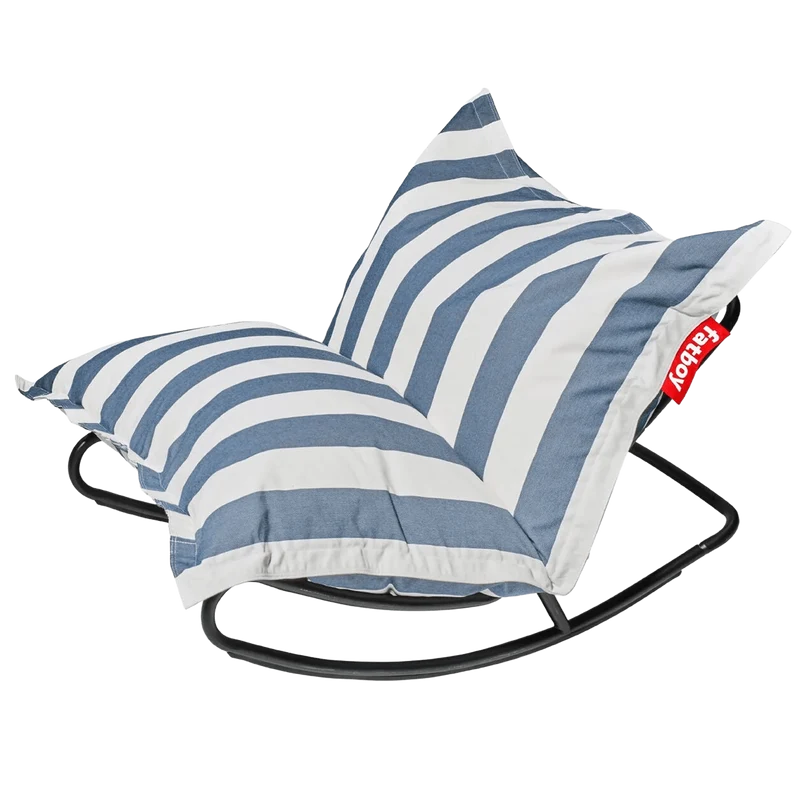 Fauteuil à bascule extérieur en métal noir avec coussin rayé bleu océan Rock 'n Roll Combi - Fatboy