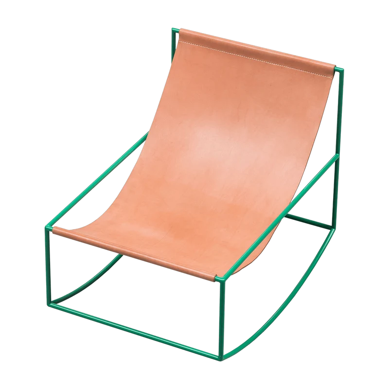 Fauteuil à bascule en métal vert et cuir 81x60x65cm- valerie_objects