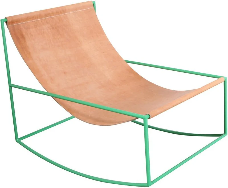 Fauteuil à bascule en métal vert et cuir 81x60x65cm- valerie_objects