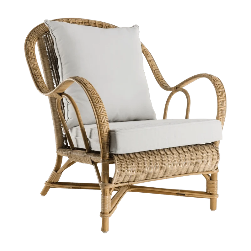 Fauteuil en rotin patiné vieilli avec coussin Nantucket - KOK