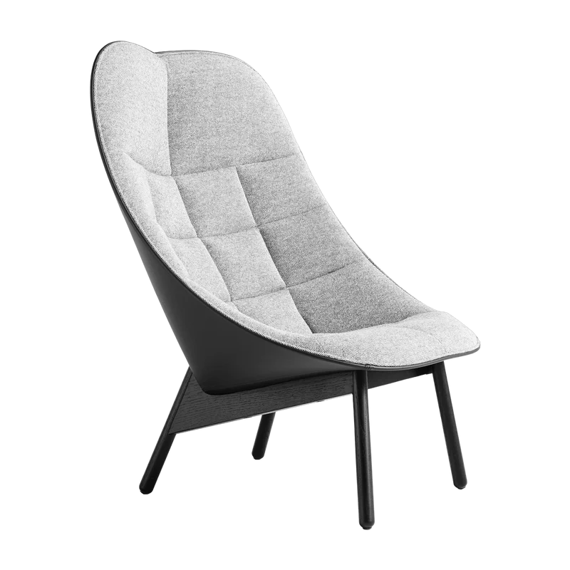 Fauteuil gris clair matelassé et chêne massif teinté noir Uchiwa - HAY