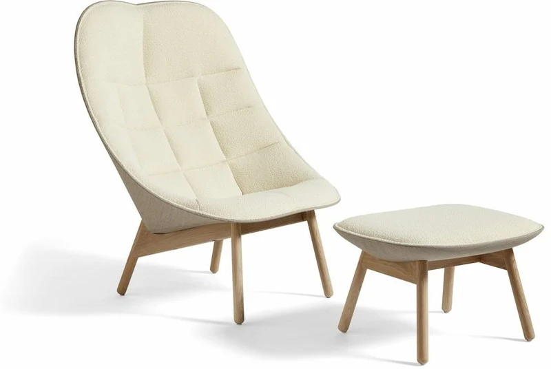 Fauteuil crème matelassé et chêne massif naturel Uchiwa - HAY