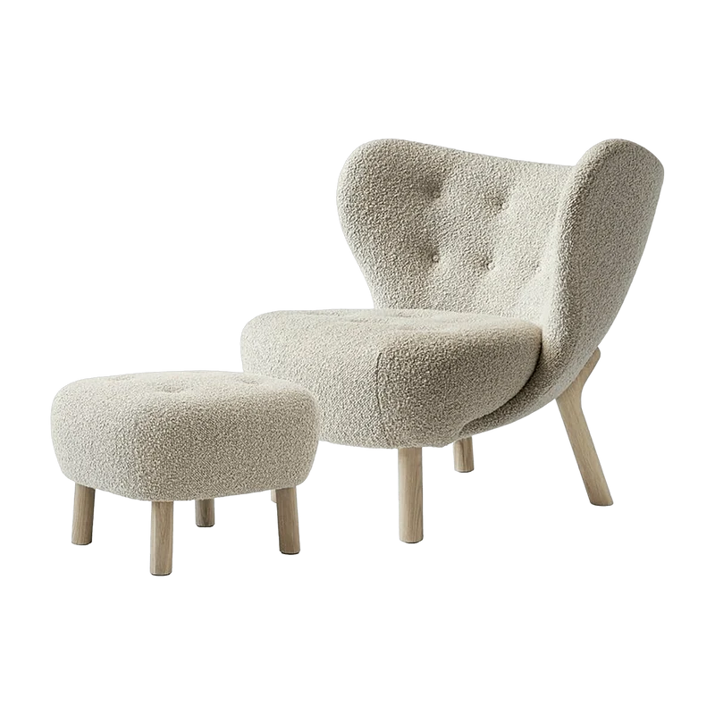 Fauteuil Little Petra et pouf en laine beige et chêne - &Tradition