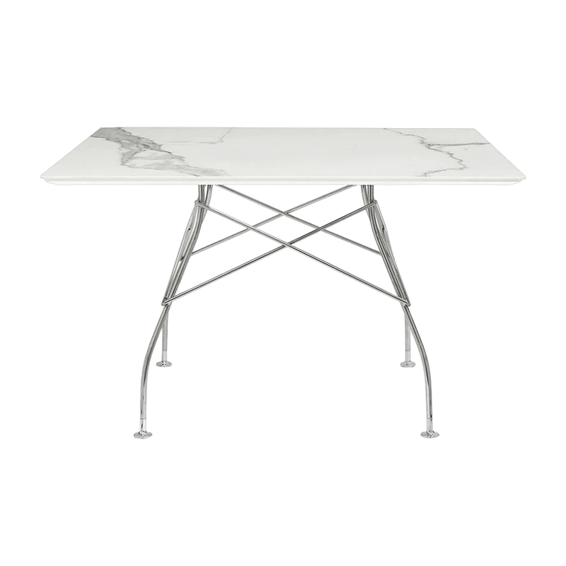 Table à manger effet marbre blanc et chromé 118x118 Glossy - Kartell