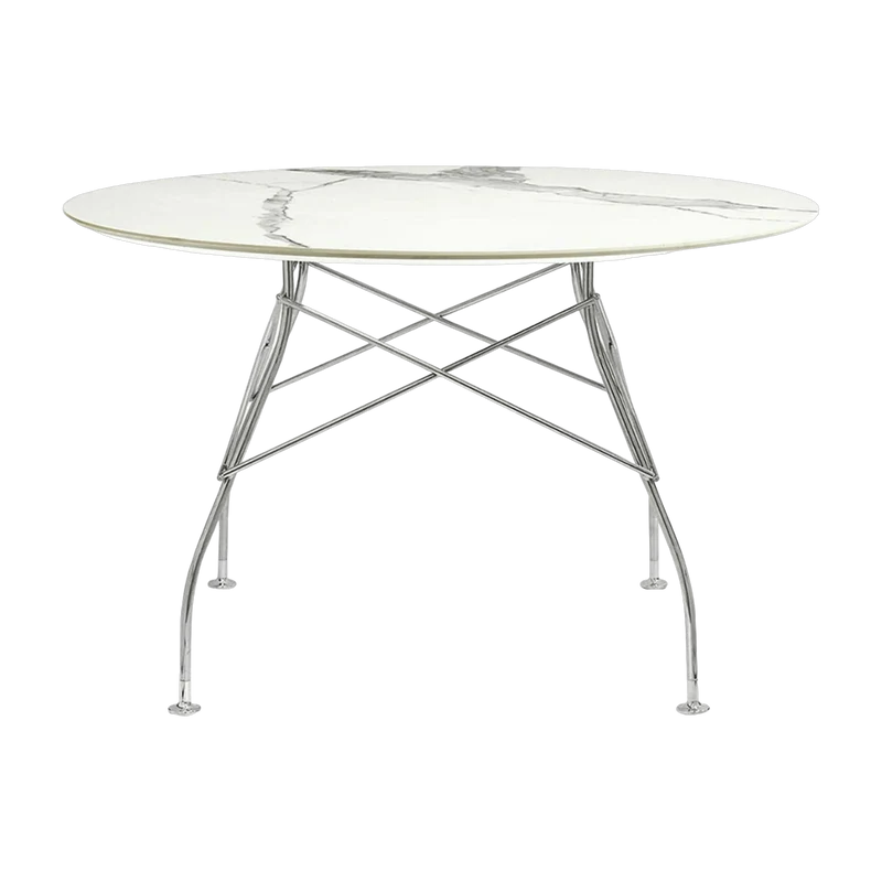 Table à manger ronde effet marbre blanc et chromé 118 cm Glossy - Kartell