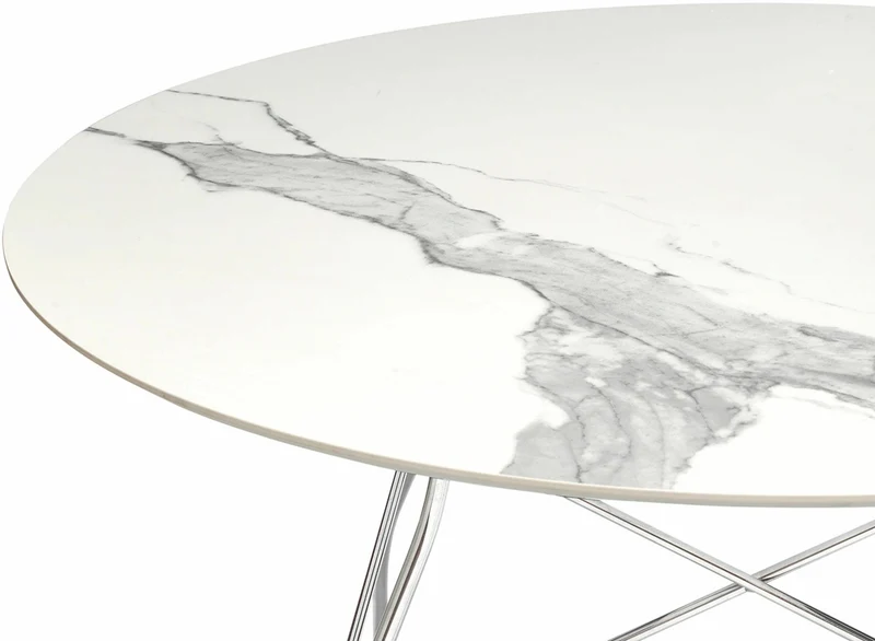 Table à manger ronde effet marbre blanc et chromé 118 cm Glossy - Kartell