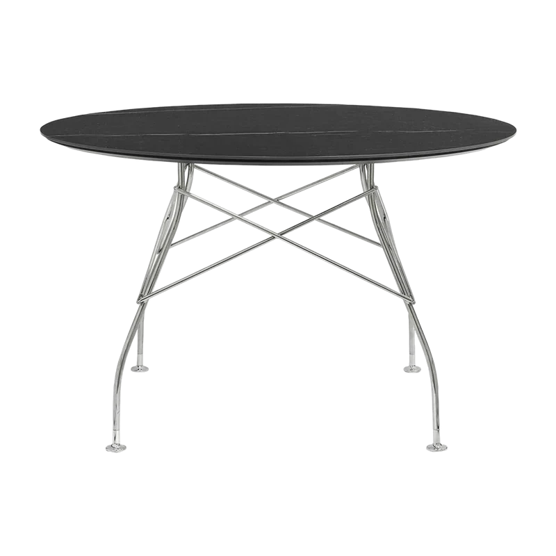 Table à manger ronde effet marbre noir et chromé 118 cm Glossy - Kartell