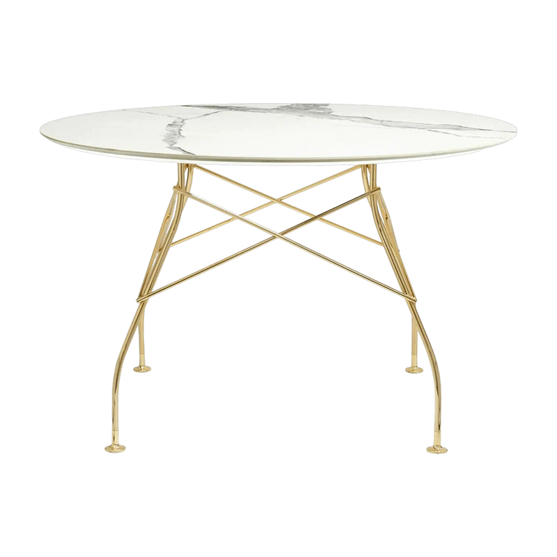 Table à manger ronde effet marbre blanc et doré 118 cm Glossy - Kartell