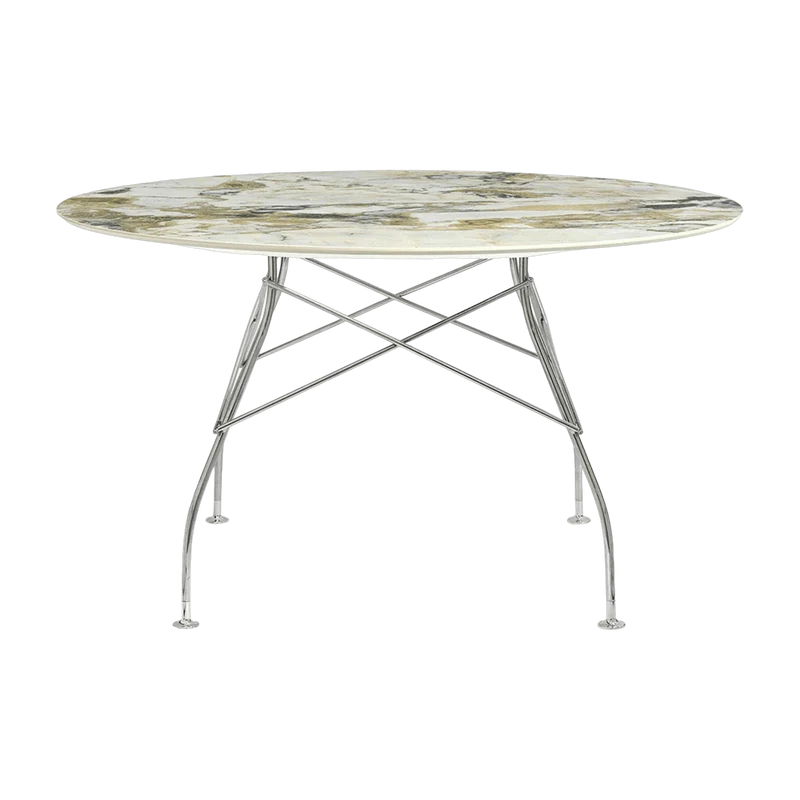 Table à manger ronde effet marbre Symphonie et chromé 128 cm Glossy - Kartell