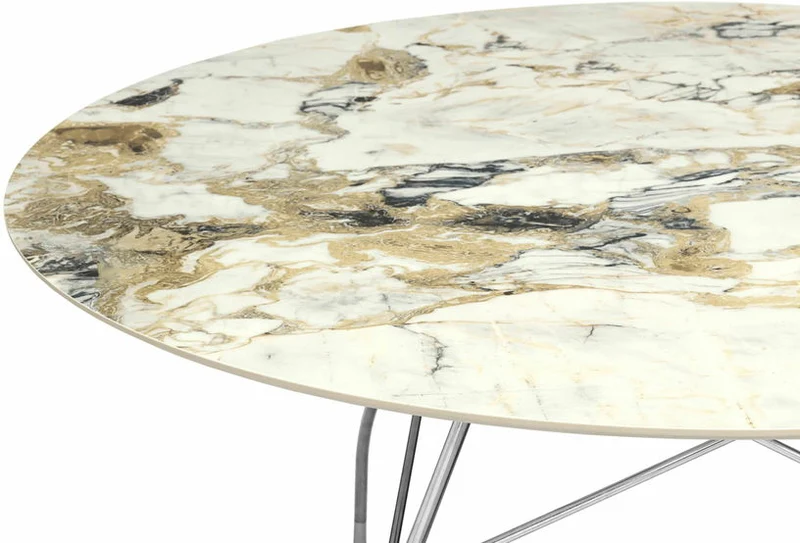 Table à manger ronde effet marbre Symphonie et chromé 128 cm Glossy - Kartell