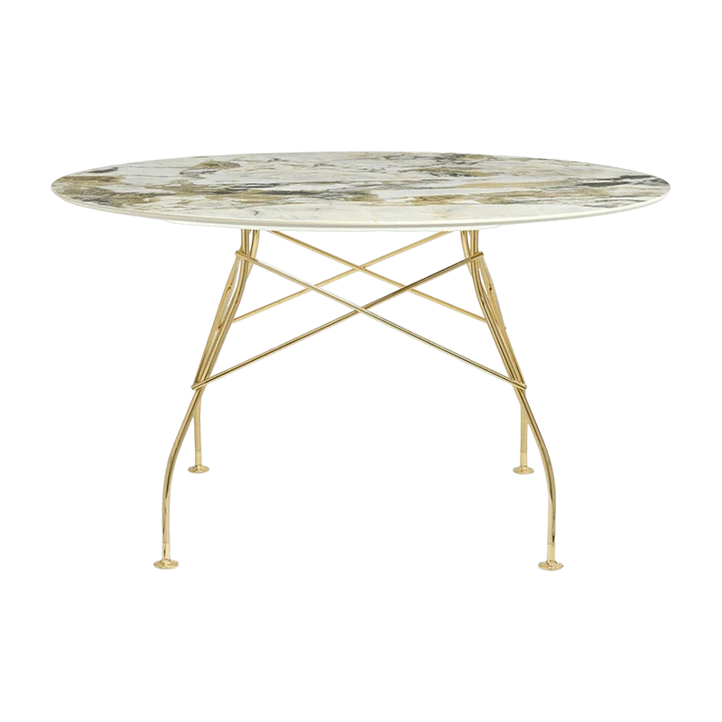 Table à manger ronde effet marbre Symphonie et doré 128 cm Glossy - Kartell