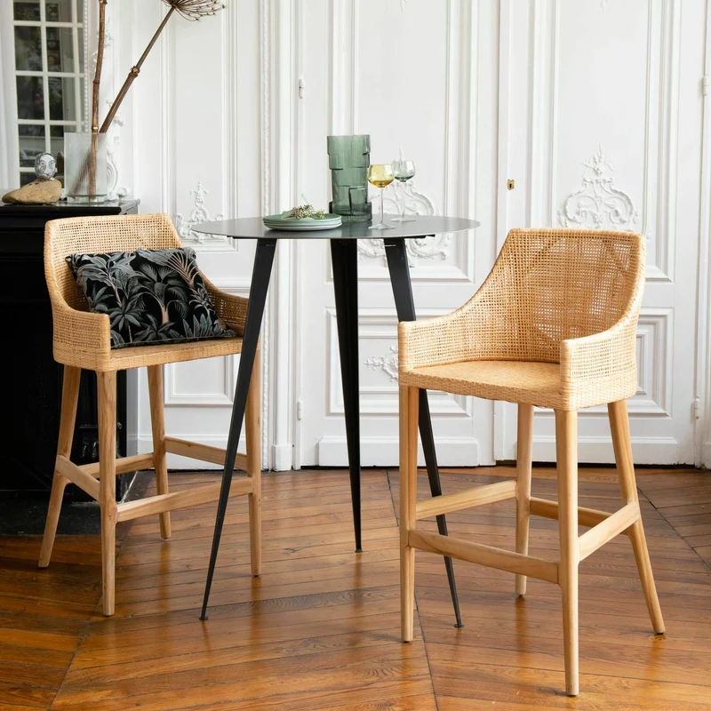 Tabouret de bar en rotin naturel piétement teck Saïgon - KOK