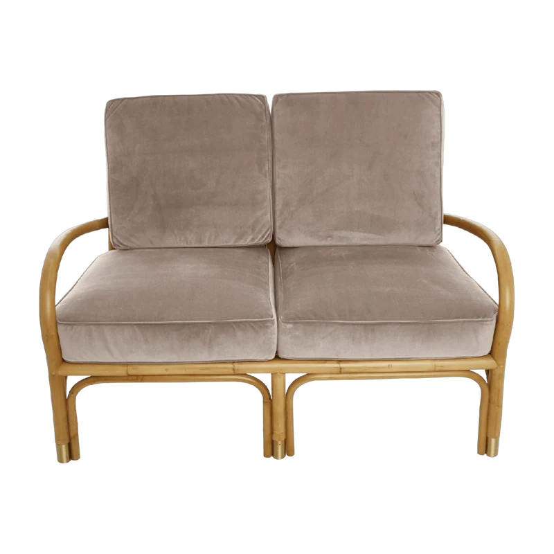 Canapé 2 places en rotin coussins velours beige rosé Riviera - KOK