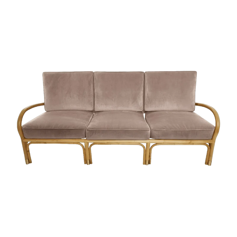 Canapé 3 places en rotin coussins velours beige rosé Riviera - KOK