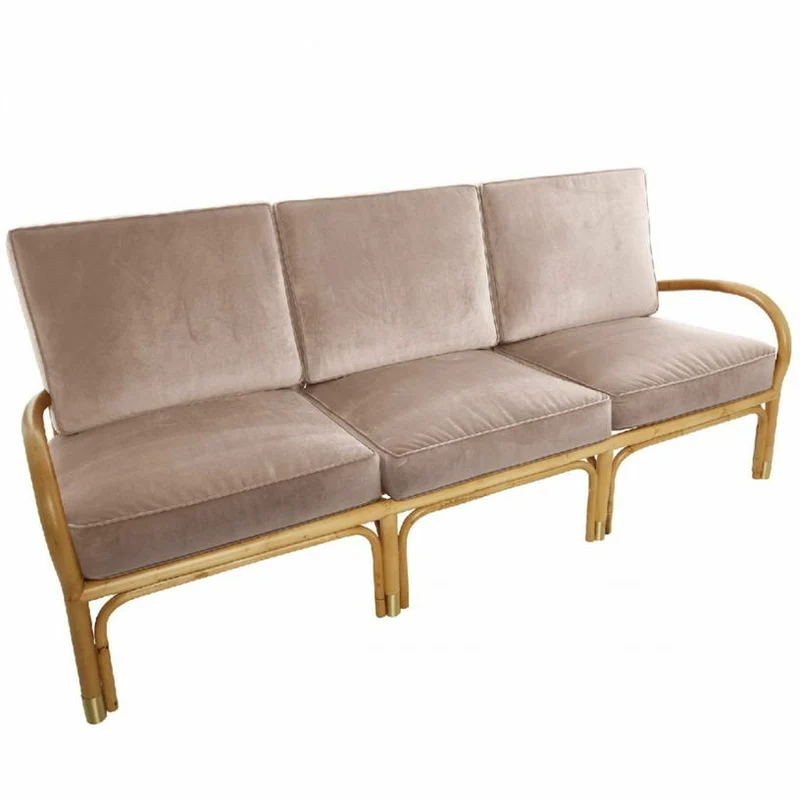 Canapé 3 places en rotin coussins velours beige rosé Riviera - KOK