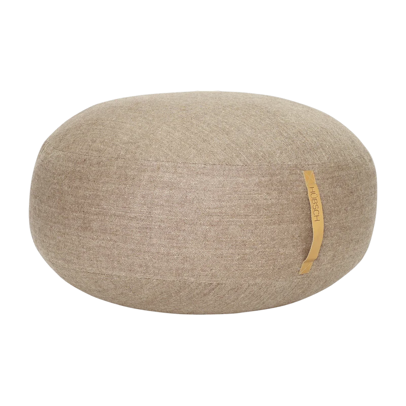 Pouf galet en laine marron avec poignée en cuir - Hübsch